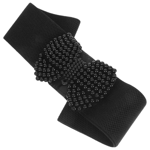 LOGOFUN Stretch Waistband with Pearl Bowknot Elegant Style Elastic Belt Costume Accessories for Women Fashion Dress Supplies - Black 103cm