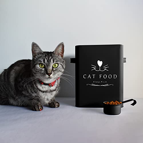 Meraki Home Farmhouse Cat Food Bin & Treats Container -Lateral Handles And Tight Lids -Feed Scoop - Premium Glossy Red Pet Food Bowl - Large Metal Storage Bin - Great Gift For Cute Pets - Matte Black #TOP2