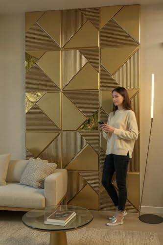 Image of RoseCraft Glossy Golden Geometric Mosaic Wall Panel - Decorative Acrylic Tiles, DIY Easy‑Install Reflective Accent|50cm X 50CM (Pack of 10 pcs)