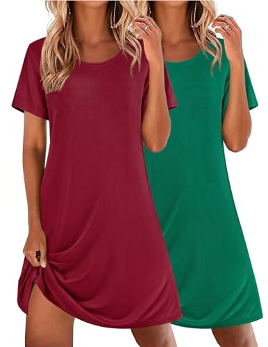 Image of Ekouaer 2 Pack Nightgowns for Women Sleepshirt Short Sleeve Night Shirts