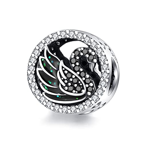 Dije de cisne negro en plata de ley 925 compatible con pulseras europeas para mujer