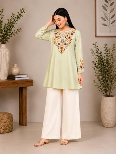 Image of QAZMI Women's Jasmine Kashimiri Aari Embroidered Viscose Rayon A-Line Flared Short Kurti