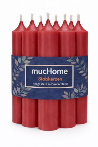 mucHome Stabkerzen 8er Set Made in Germany Ø 2 2 x 11 cm durchgefärbte Premium Tafelkerzen mit ca. 4 Std. Brenndauer (Rot)