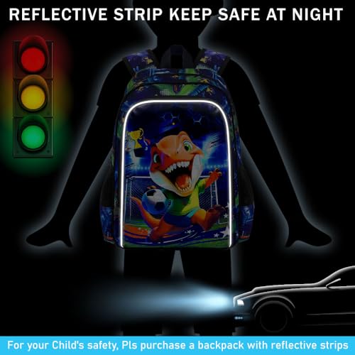 Image of 16 inch Dinosaur Soccer Backpack Set for Boys 4-8, 3Pcs Preschool Bookbag with Football Lunch Box & Pencil Case, Lightweight School Bag (Blue)