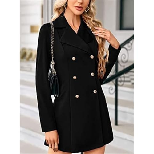 Women Long Sleeve Dresses Elegant V Neck Casual Work Office Double Breasted Blazer Dresses Navy3