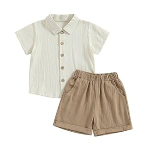 Lerrita Baby Jungen Sommer Baumwolle Kurze Hosen Set 2 Teiliges Sommer Baumwolle-LeinenOutfits Set Baby Junge Kurzarm Knopfleiste T-Shirt+Elastischer Bund Shorts Set Baby Einfarbige Shorts Set