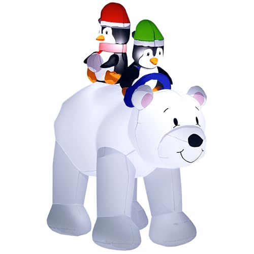 Outsunny 6.4FT Christmas Inflatable Two Penguins Riding on Polar Bear, Christmas Blow Up Outdoor LED Display for Garden Party