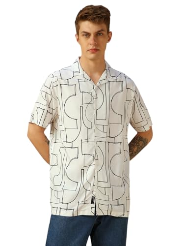 Image of Dennis Lingo Men Blue Printed Viscose Relaxed Fit Half Sleeve Shirts
