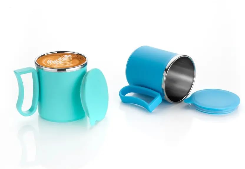 Image of Insulated Coffee Mugs with Lids - Pack of 2 - Inside Stainless Steel & Outside Durable Plastic Material - Multicolor Travel Tea /Coffee Cups