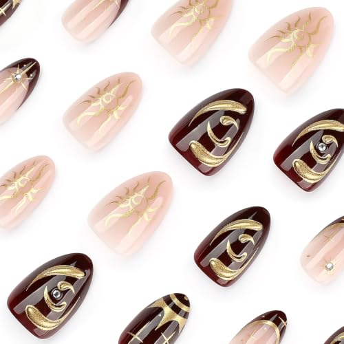 Image of Dark Red Press on Nails Short Almond Fake Nails Gold Sun Star False Nail | with Rhinestone Design French Tip Nail Press ons Glossy Full Cover Nude 3D Gold Line Stick on Nails for Women Manicure 24Pcs