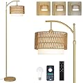 Gold Floor Lamps for Living Room with Remote & Dimmable LED Bulb, Modern Arc Floor Lamp with 3 Color Temperatures, Boho Standing Lamp with Rattan & Fabric Shades, Adjustable Tall Lamp for Bedroom