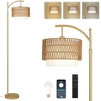 Gold Floor Lamps for Living Room with Remote & Dimmable LED Bulb, Modern Arc Floor Lamp with 3 Color Temperatures, Boho Standing Lamp with Rattan & Fabric Shades, Adjustable Tall Lamp for Bedroom