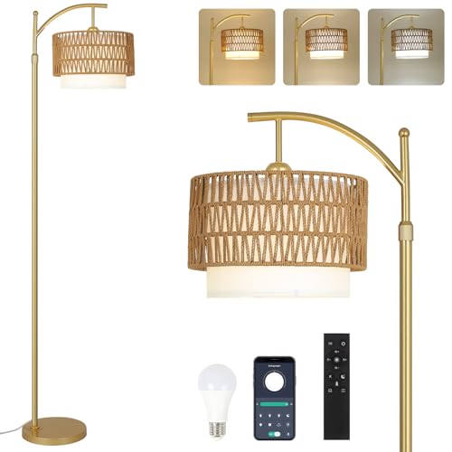 Image of Gold Floor Lamps for Living Room with Remote & Dimmable LED Bulb, Modern Arc Floor Lamp with 3 Color Temperatures, Boho Standing Lamp with Rattan & Fabric Shades, Adjustable Tall Lamp for Bedroom