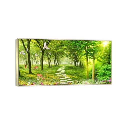 Tableau paysage pour illuminer un mur sombre avec cadre argenté champagne 60x30