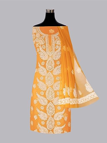 Image of Ada Hand Embroidered Lucknow Chikankari Unstitched Georgette Dress Material Suit Set for Women