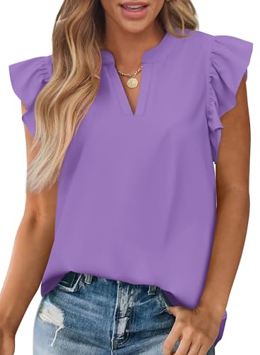 Zenlonr Womens Summer Tops 2026 Casual V Neck Ruffle Cap Sleeve Blouse Shirts Solid Color Tunic Tops(Purple Medium)