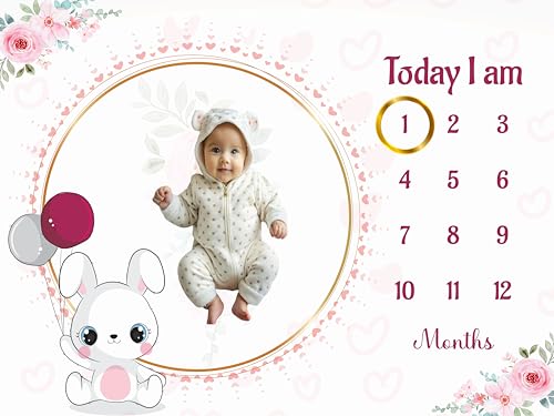 Image of Baby Monthly Milestone Blanket | 1-12 Months | Soft All-Season AC Blanket | Ideal for Newborn Boys & Girls | Perfect Growth Tracker & Photoshoot Prop with Bunny Balloon | 120x90 cm
