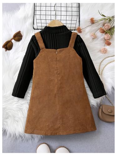 Image of SOLY HUX Toddler Girl's Mock Neck Long Sleeve Tee & Overall Dress | 2 Piece Outfits, Button Front，Winter Overall Set，Fall,Daily Casual