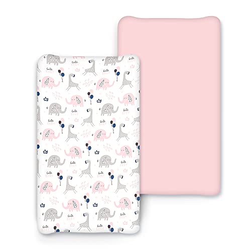 Image of Changing Pad Covers JERORAY for Girls and Boys，2 Pack Stretchy Ultra Soft Jersey Knit Changing pad Covers,Pink Elephant