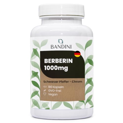 Bandini Berberin 1000mg rein hochdosiert | 180 vegane Kapseln | Reines Berberin HCl aus Berberis Aristata 97% + Chrom und Schwarzer Pfeffer | Maximale Absorption | Verdauung Leber Darmfunktion