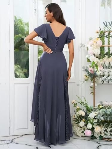 Tea Length Chiffon Mother of The Bride Dress Short Sleeve Bridesmaid Dress V Neck Lace Applique Formal Gown QW0233