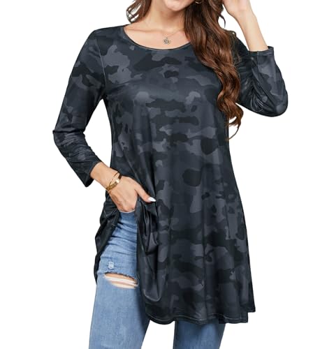 Image of Enmain Black Tunic Tops for Women UK Long Sleeve Tops Casual Longline Ladies 3/4 Sleeves Tunics Loose T Shirt Blouse Shirts for Leggings L
