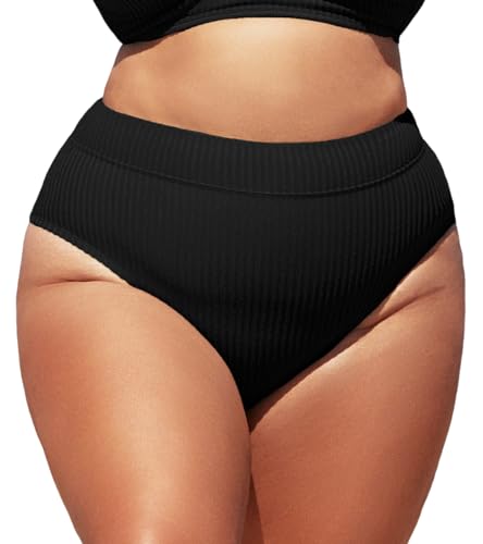 CUPSHE Women Swimsuit Plus Size Bikini Bottom High Waisted Ribbed Texture Modest Widen Band Bathing Suit