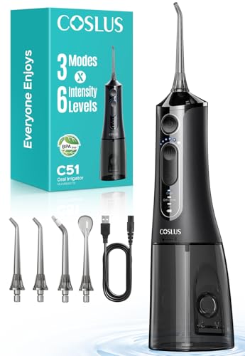COSLUS Irrigador Dental Bucal Portatil: 3 Modos y 18 Presión Ajustable - 300ml IPX7 Irrigador Bucal Inalámbrico para Ortodoncia/Encías Sensibles -Limpieza Dientes de Hogar Viaje con 4 Boquillas -Negro