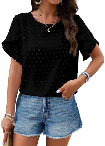 PRETTYGARDEN Women's Tops 2025 Summer Ruffle Short Sleeve Crewneck Blouses Swiss Dots Solid Loose Tunics Work Shirts