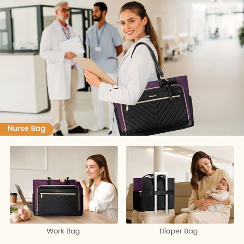 Image of LOVEVOOK Laptop Tote Bag for Women, Work Bag Teacher Tote with Large Cup Holder, Quilted Nurse Diaper Bag for Travel, Computer Women's handbags for Teacher gift, Black-Purple, 17.3 Inch