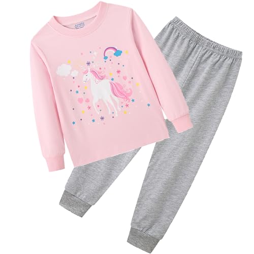 Junellz Conjunto de pijama de unicornio para niñas, diseño de unicornio, rosa, elefante morado, estampado de niña, manga larga, pijama de 100% algodón, Navidad, Unicornio rosa., 6 años
