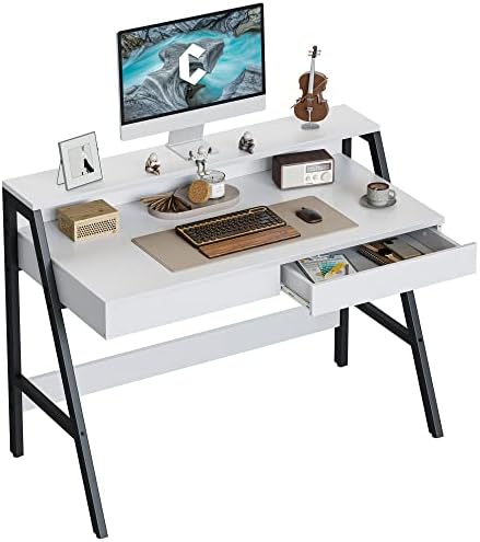 CubiCubi Computer Desk with 2 Storage Drawers, Home Office Writing Desk, Study Table for Small Space, (White, Monitor Stand)