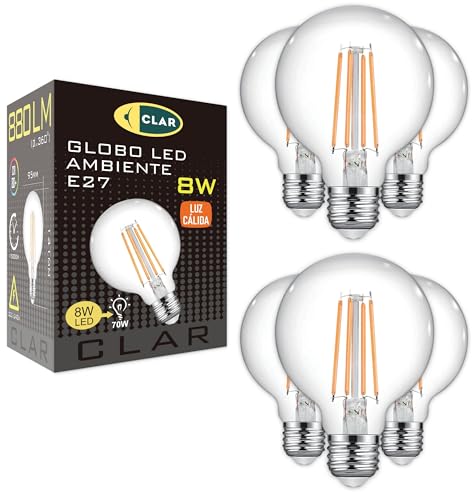 CLAR – Große LED-Kugellampe E27, 8 W, mit Glühfaden, Vintage, Globus-Leuchtmittel E27 (Pack 6 Stück)