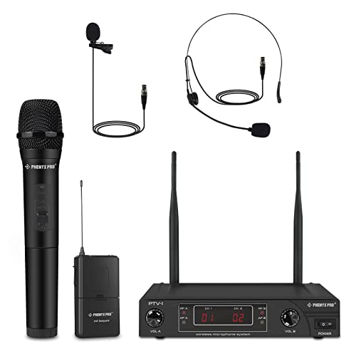 Phenyx Pro Système de microphones sans fil VHF avec 1 microphone à main, 1 casque, 1 micro-cravate, 1 sacoche, signal stable, longue portée, idéal pour les...