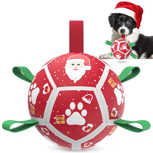 QDAN Small Christmas Dog Toys, Soccer Ball with Straps, Outdoor Interactive Toys for Tug of War,...