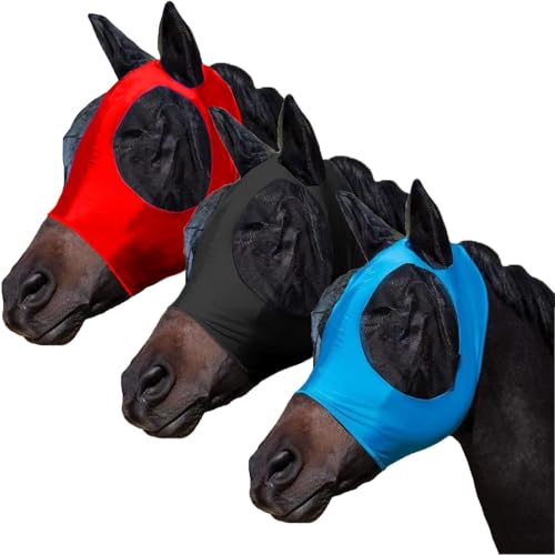 FOXLVDA 3 Pcs Horse Fly Mask, Fashionable and Breathable Stretch Fabric with UV & Sun Protection for Average Horse (Black+Blue+Red, Small)