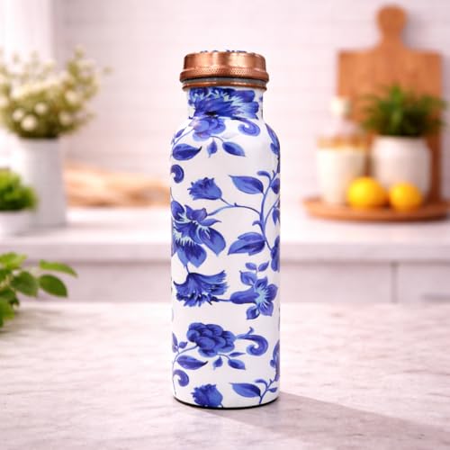 Image of JAIPUR ACE Hammered Pure Copper Water Bottle with Glass Set | 100% Copper Bottle Set | Leak Proof, Ayurvedic Health Benefits, Premium Design Gift Set for Home, Office, Gifting (Royal Blue Floral)