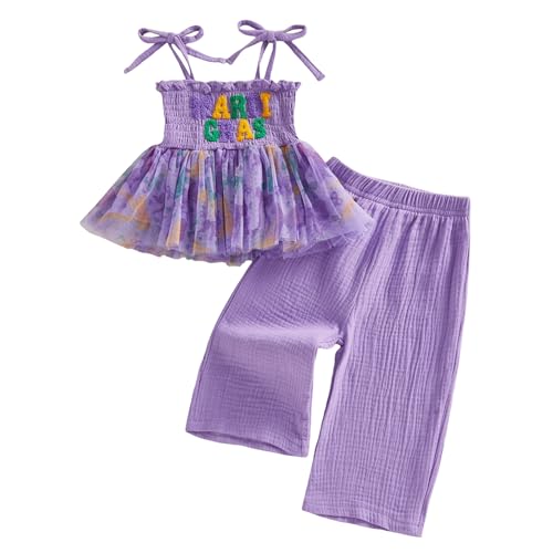 Kayotuas Toddler Girl Carnival Smocked Outfit Strap Tank Top Dress Pants Kid Girls Festival Party Clothes Fat Tuesday Outfits (Purple 5-6 Years)