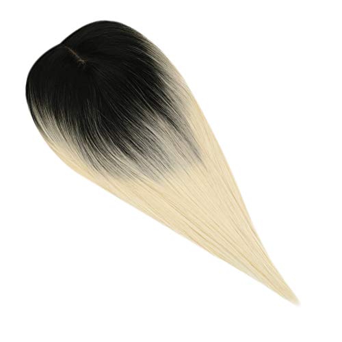 Ugeat Topper Hair Piece Human Hair 16inch Hidden Crown Hair Extensions Off Black #1B fading to Platinum Blonde #60 5inch5inch Mono Topper Human Hair Black Roots