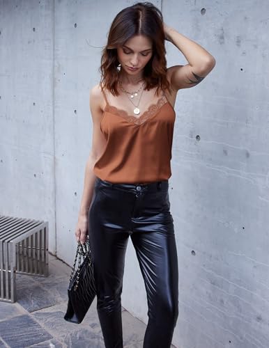 Image of Ekouaer Women's Satin Camisole Lace Silk Satin Pajama Tank Tops V Neck Soft Spaghetti Strap Loose Sleepwear Clay M