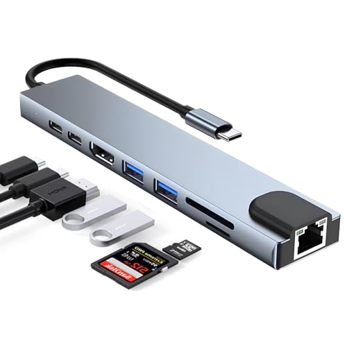 Hub USB Tipo C, 8 en 1 Multiport 5Gbps Hub USB C HDMI 4K@30Hz Adaptador con Carga PD 100W, USB 3.0, USB 2.0, Puerto de Datos USB-C, Puerto Ethernet y Lector de Tarjetas SD/TF para MacBook Pro DELL