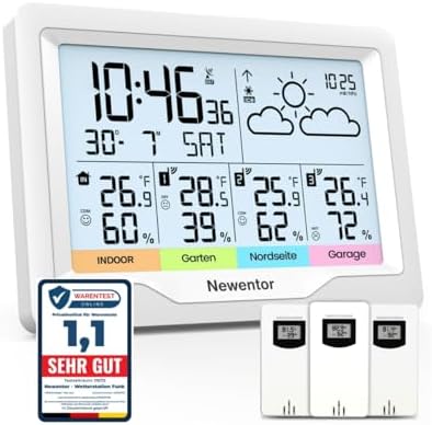 Newentor Wetterstation Funk mit Außensensoren, 3 Sensoren,Weiß,DCF | Lange Batterielaufzeit und flexible Platzierungm, Wetterstation Funk mit Außensensor, DCF-Funkuhr für genaue Ze
