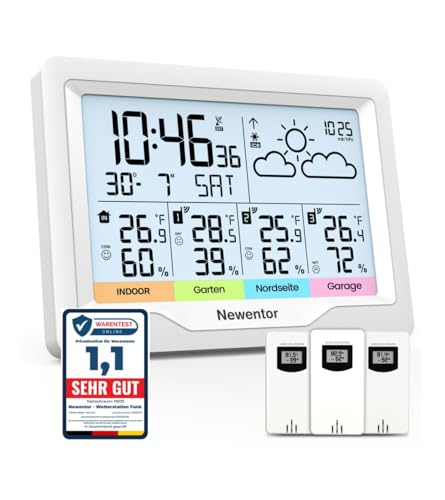 Newentor Wetterstation Funk mit 3 Außensensor Innen und Außen Thermometer Hygrometer DCF-Funkuhr Multifunktionale Funkwetterstation mit...