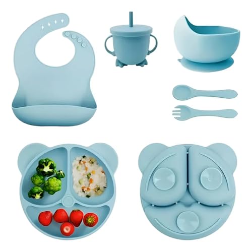 أدوات تغذية الأطفال من السيليكون، مستلزمات الفطام، تتضمن أكواب شفط وأطباق مقسمة، مريلة قابلة للتعديل، أدوات طعام للأطفال، ملاعق وشوك، كوب من فانتاستيك كيدز تويز، 6 قطع (باندا لارج (L) - أزرق)