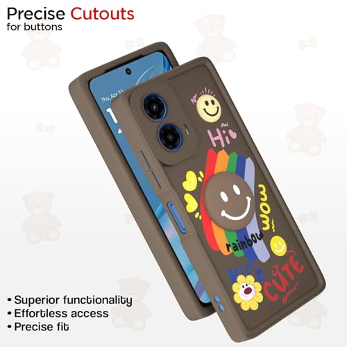 Image of Pikkme Back Cover for Motorola Moto G34 / G45 5G | Soft Silicone| Cute Rainbow Smile & 3D Cartoon Flower Design | Shockproof Raised Camera Protection Bumper Case (Brown)