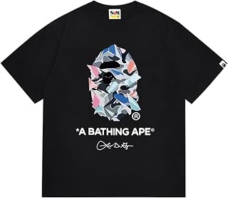 B_APE風 吸汗速乾・綿100％ フローラルTシャツ ユニセックス ストリートカジュアル メンズ＆レディース Black SC008