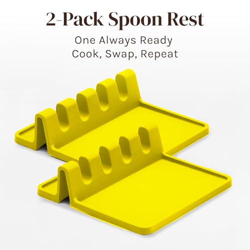 Image of Cooler Kitchen Yellow Silicone Spoon Rest for Stove Top with Drip Pad (Two Pack) - Heat Resistant BPA Free Utensil Rest & Spoon Holder for Kitchen Counter - Grill Utensil Holder - Spatula Holder
