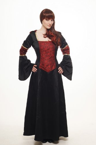 DRESS ME UP – Kostüm Damen Damenkostüm aufwändiges Kleid mit Haube Mittelalter Romantik Elfe Gotik Gothic Burgfräulein Weinrot-Schwarz L076 Gr. 42 / M - 2