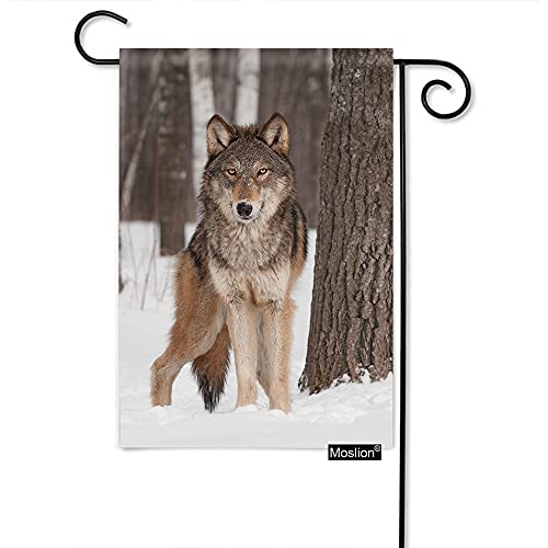 Moslion Wolf Garden Flag Vertical Double Sided Wild Animal Wolves Snow Tree Trunk Winter House Flags Home Burlap Banners 12.5x18 Inch for Outdoor Decor Lawn