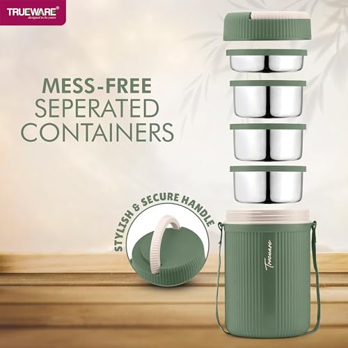Image of Trueware Plastic Grub 4 Double Wall Insulated Hot Lunch Box with 3 Ss Container 300 Ml Each & 1 Ss Container 200Ml | Bpa Free | Food Grade | Hot and (LBI-GRB-004-Green BAZ)